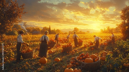 Fototapeta Naklejka Na Ścianę i Meble -  Harvesting Bounty in a Sunlit Field People gathering pumpkins and fruits in a serene autumn landscape