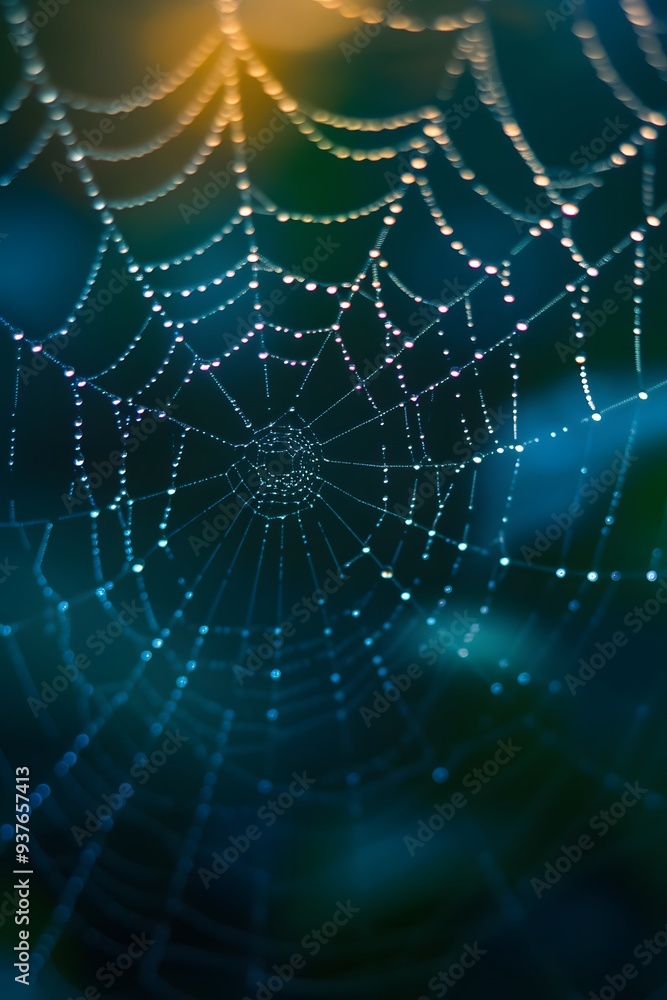 Nature-inspired minimalistic shot of dew drops on a spider web AI generated illustration Nature-inspired minimalistic shot of dew drops on a spider web AI generated illustration