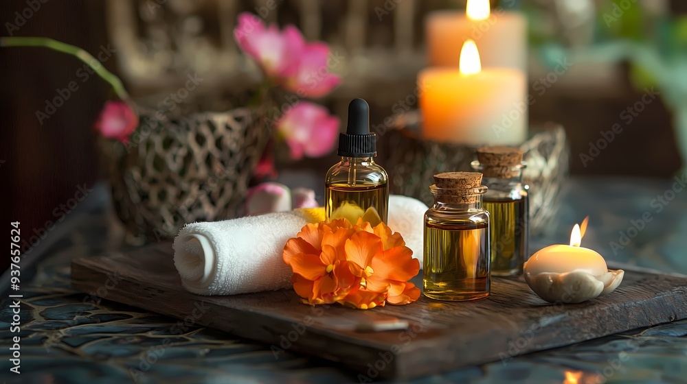Spa Essentials with Essential Oils and Candles. Spa Essentials with Essential Oils and Candles.