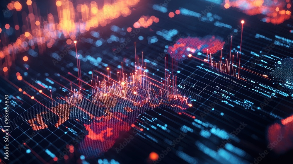 Vibrant Digital Cityscape with Glowing Lights and Data Points Vibrant Digital Cityscape with Glowing Lights and Data Points