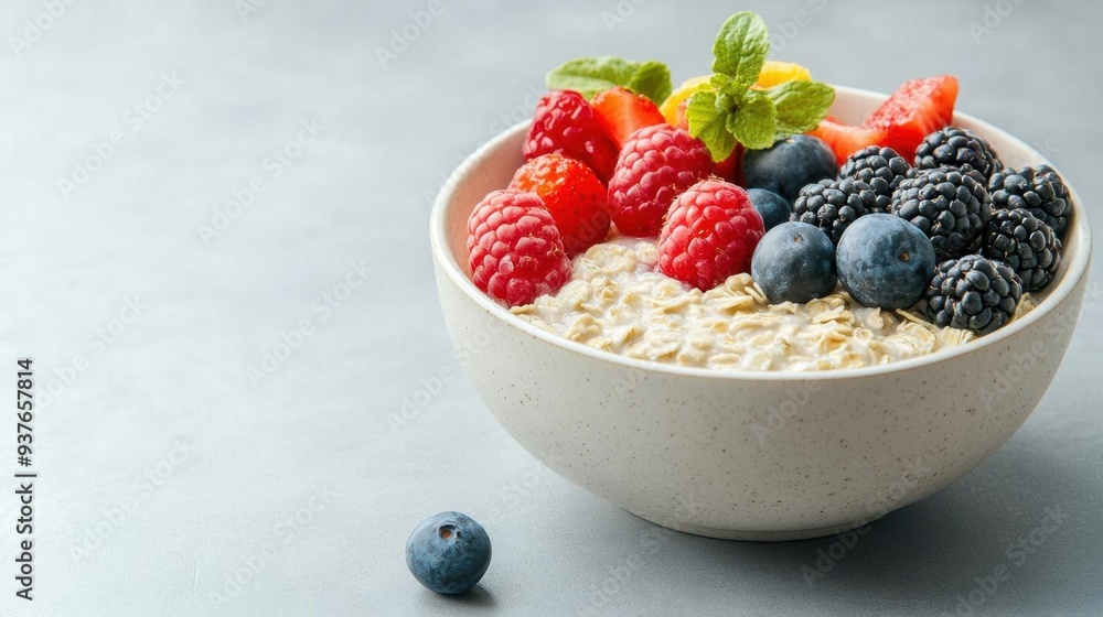 A healthy bowl of oatmeal topped with fresh berries and mint, perfect for a nutritious breakfast or snack. A healthy bowl of oatmeal topped with fresh berries and mint, perfect for a nutritious breakfast or snack.