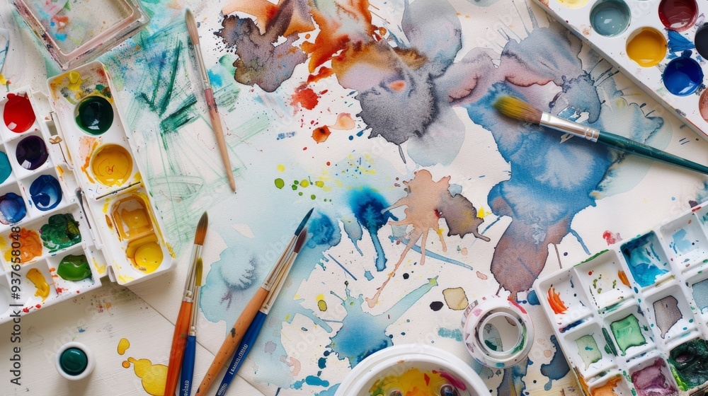Fototapeta premium A vibrant artist's workspace filled with colorful watercolor paints, brushes, and abstract splashes creating a creative and inspiring atmosphere.