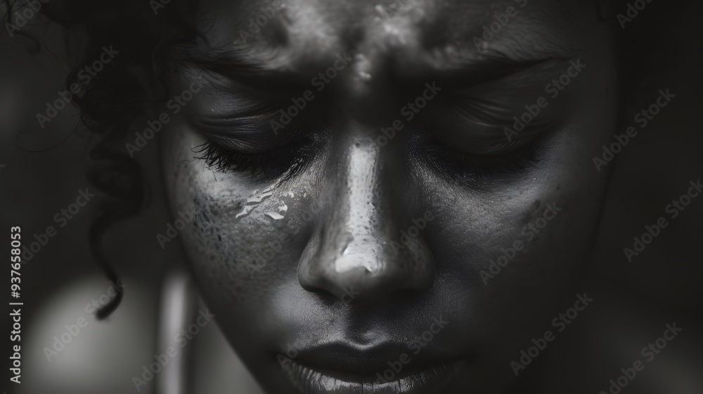 A black and white image of a tear slowly rolling down a cheek AI generated illustration A black and white image of a tear slowly rolling down a cheek AI generated illustration