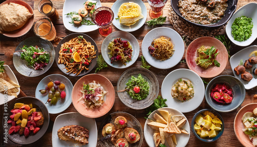 Full table of delightful breakfast, European pastries, and fresh fruits from top view, a cheerful morning spread, brunch food setting background Full table of delightful breakfast, European pastries, and fresh fruits from top view, a cheerful morning spread, brunch food setting background