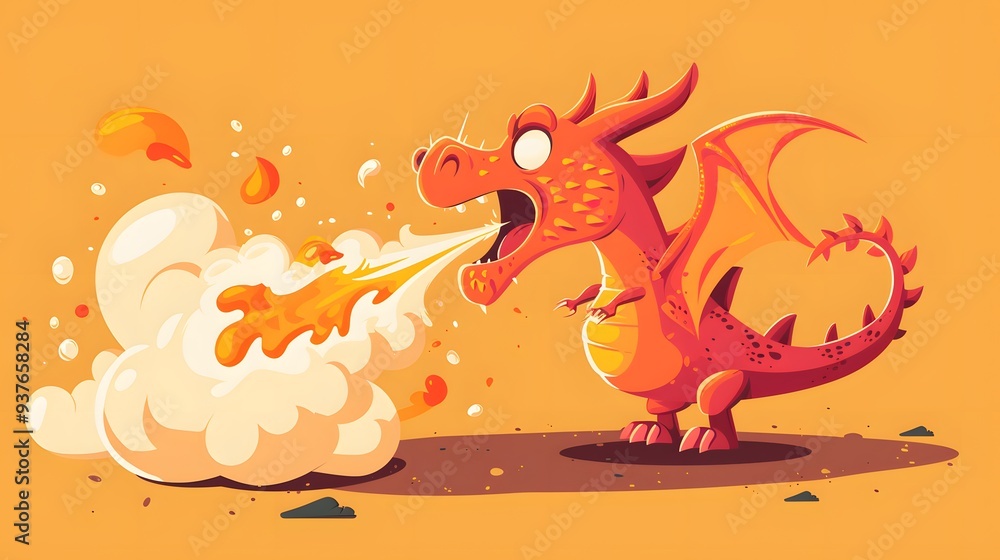 Fototapeta premium A cartoon-like dragon trying to breathe fire AI generated illustration