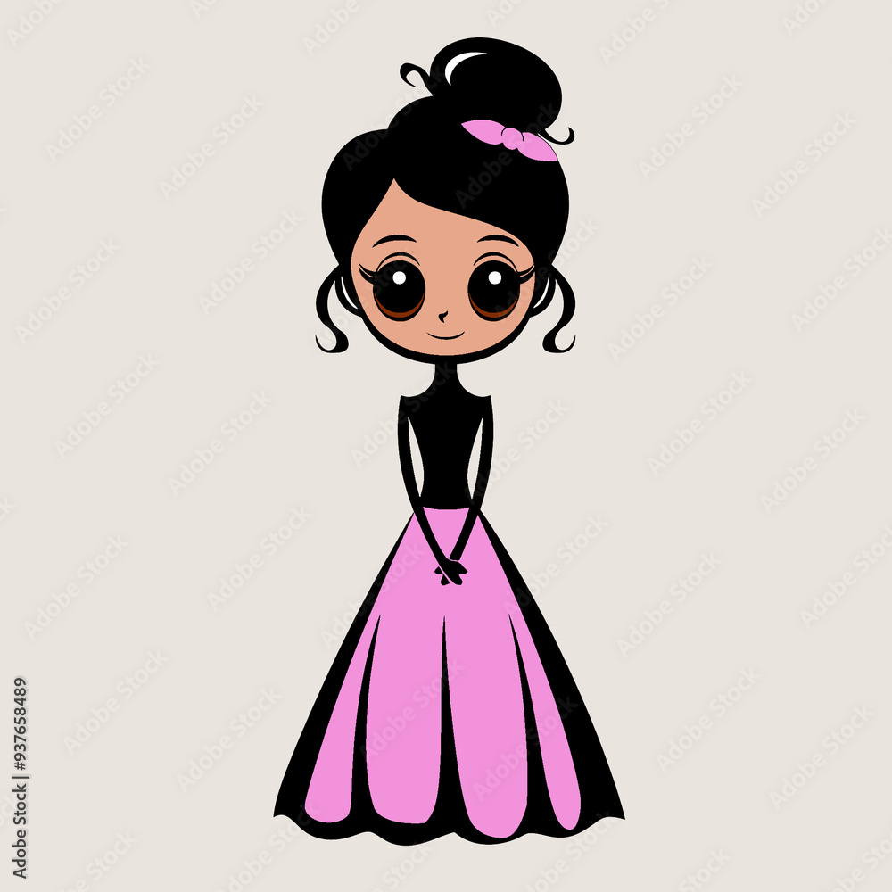 A Chibi Style Girl Character Wearing a Pink Gown and Ribbon Isolated on a White Background A Chibi Style Girl Character Wearing a Pink Gown and Ribbon Isolated on a White Background