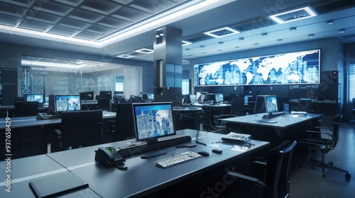 A high-tech operations center filled with computers and large screens displaying world maps, indicating a focus on global surveillance or operations.