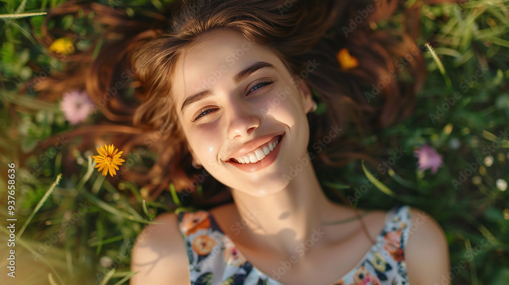 Girl in a dress lies on the grass in a park Girl in a dress lies on the grass in a park
