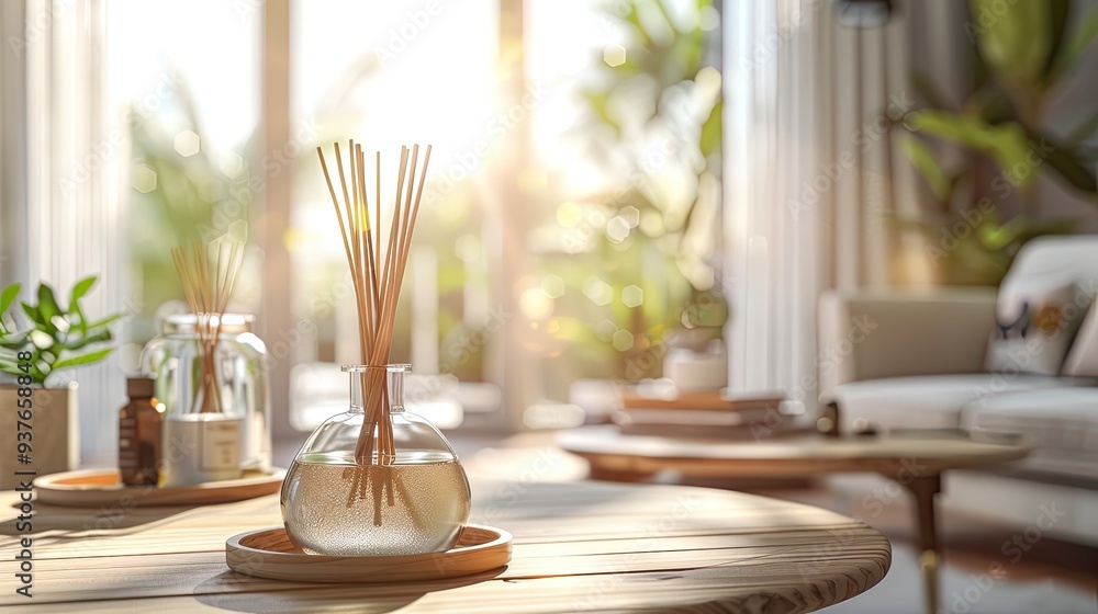 Reed Diffuser on Wooden Table with Sunshine. Reed Diffuser on Wooden Table with Sunshine.