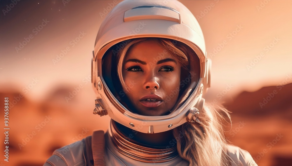 Portrait of female astronaut in spacesuit on alien planet like in sci-fi movie, adult girl in futuristic helmet outside spaceship. Concept of space, young woman, people, future Generated image Portrait of female astronaut in spacesuit on alien planet like in sci-fi movie, adult girl in futuristic helmet outside spaceship. Concept of space, young woman, people, future Generated image