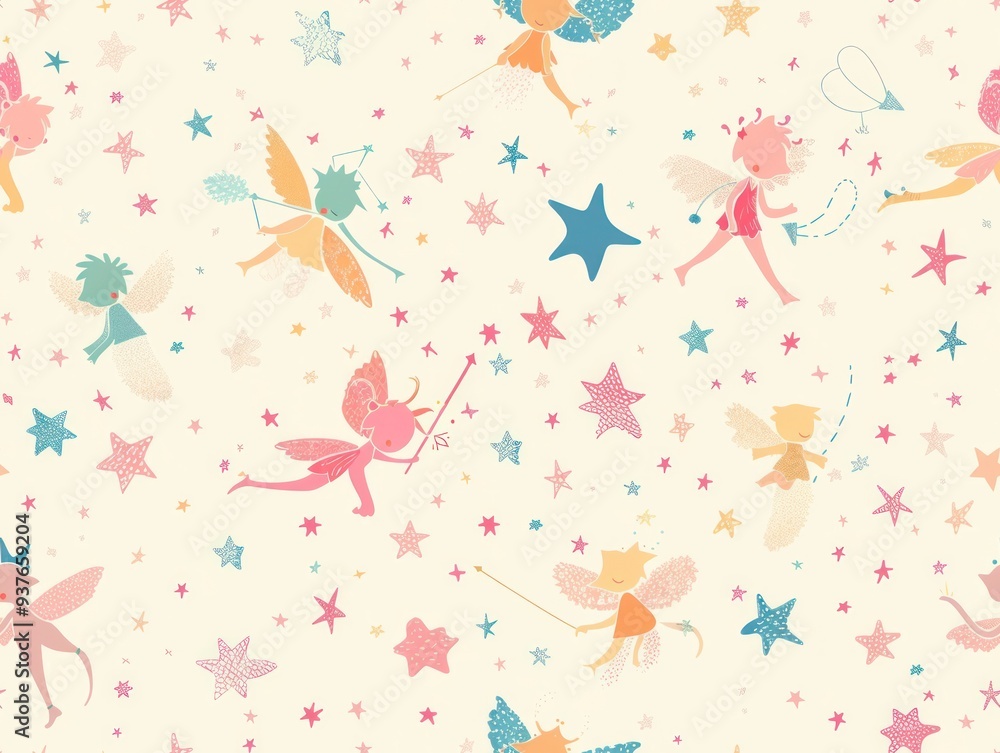 Fototapeta premium Seamless pattern of cute fairies with wings flying among the stars.