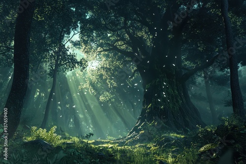 Sunbeams Through the Canopies of a Lush, Enchanting Forest photo