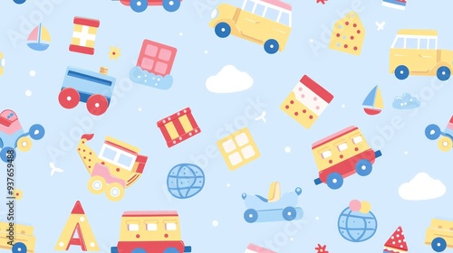 Colorful Toy Cars, Trucks, Trains, and Other Objects on a Blue Background.