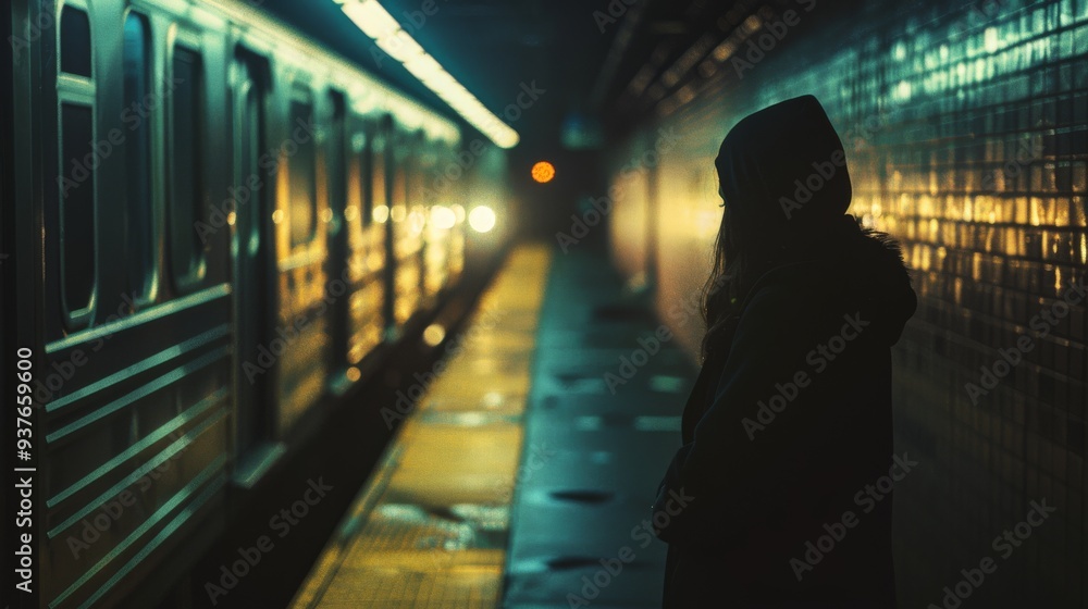A dimly lit subway platform where a figure in silhouette stands as a train approaches, capturing a moment of urban isolation and nocturnal atmosphere. A dimly lit subway platform where a figure in silhouette stands as a train approaches, capturing a moment of urban isolation and nocturnal atmosphere.