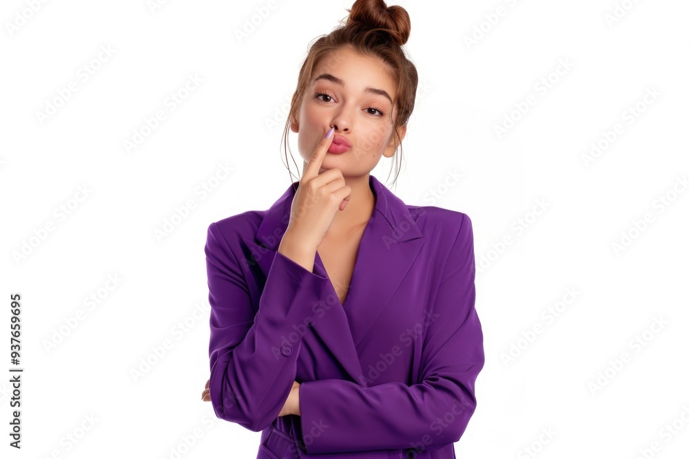 Curious woman in purple suit on white background. Curious woman in purple suit on white background.