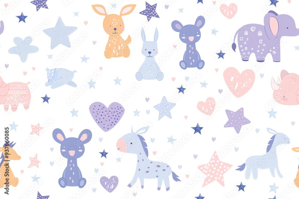 Seamless pattern with cute animals and stars on a white background. Seamless pattern with cute animals and stars on a white background.