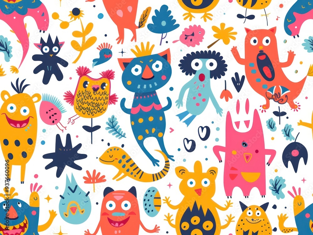 Seamless pattern with colorful cartoon monsters and plants on a white background. Seamless pattern with colorful cartoon monsters and plants on a white background.