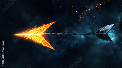 Burning fire arrow on black background. Dark space background with glowing sparks. Generative AI