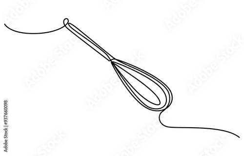 Beater Continuous Line Icon, Whisk Kitchen Icon In Line Style, Beater Continuous Line Icon, Vector continuous one single line drawing icon of whisk in silhouette on a white background. Linear stylized