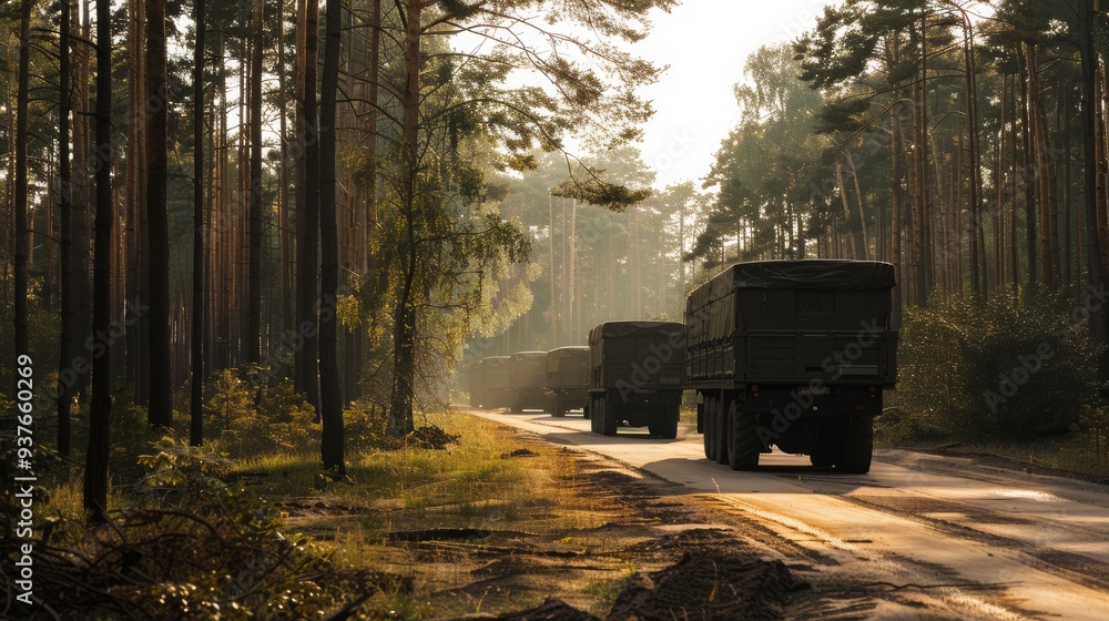 Military trucks drive through a lush forest on a misty morning, their dark silhouettes blending with the trees. Military trucks drive through a lush forest on a misty morning, their dark silhouettes blending with the trees.