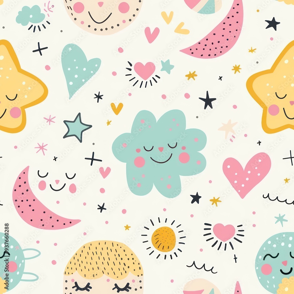 Seamless pattern with cute cartoon clouds, stars, hearts, and moon on a white background. Seamless pattern with cute cartoon clouds, stars, hearts, and moon on a white background.