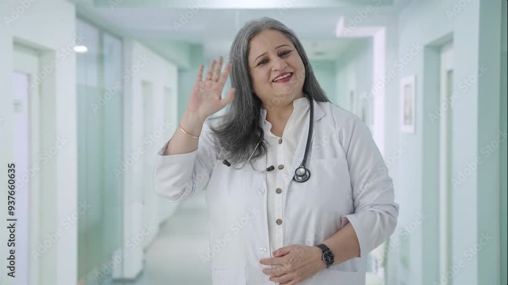 Happy Indian senior female doctor saying Hello and waving Happy Indian senior female doctor saying Hello and waving