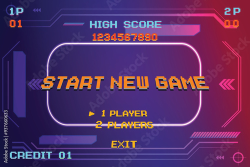 Start new game. Retro Video Game Background, circuit technology background design. UI HUD	