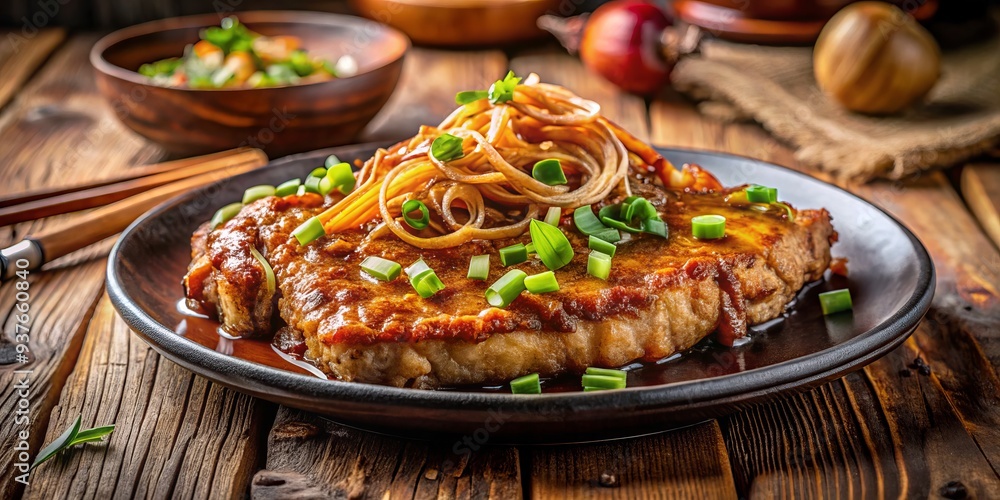 custom made wallpaper toronto digitalSavory, golden-pork chop, marinated in sweet and sour sauce, shines against rustic wood tones, infused with scallions, crispy shallots, and warm, cozy comfort, evoking memories of home.