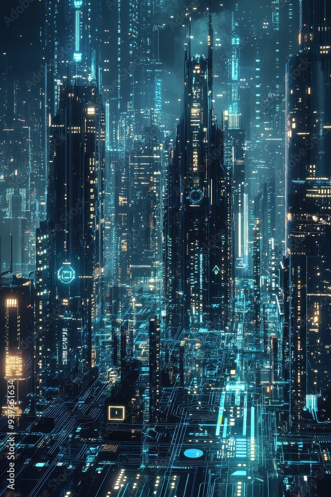 Futuristic Cyberpunk City Skyline at Night with Glowing Lights Futuristic Cyberpunk City Skyline at Night with Glowing Lights