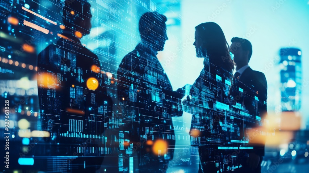 Silhouettes of Business Professionals with Digital Overlay in Urban Setting Silhouettes of Business Professionals with Digital Overlay in Urban Setting