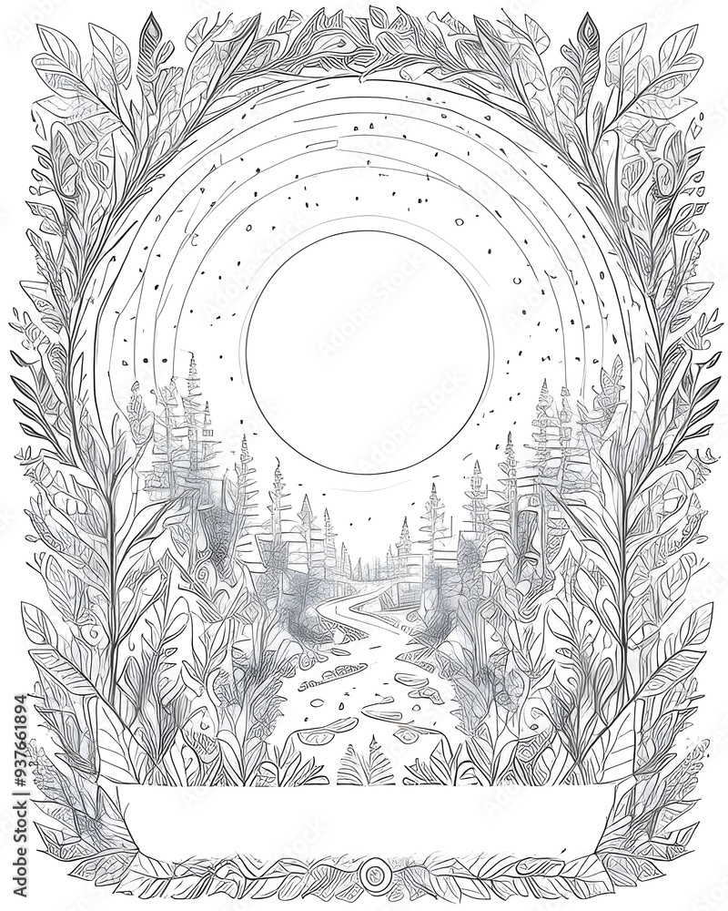 Round frame with forest, river and sun. Hand drawn vector illustration Round frame with forest, river and sun. Hand drawn vector illustration