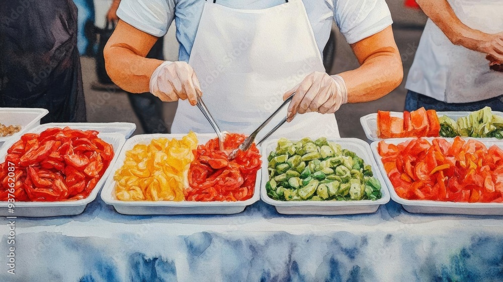 Colorful display of fresh vegetables being prepared at a market. A close-up of vibrant produce in trays, showcasing healthy options. Colorful display of fresh vegetables being prepared at a market. A close-up of vibrant produce in trays, showcasing healthy options.