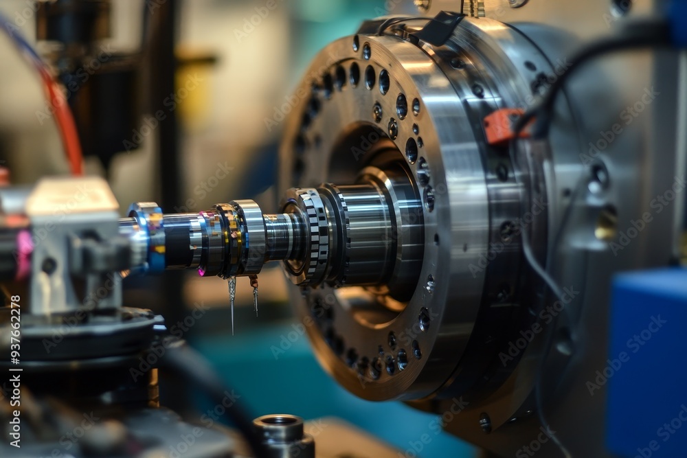 Metalworking machine tool with rotating parts in a manufacturing setting close-up shot. Metalworking machine tool with rotating parts in a manufacturing setting close-up shot.