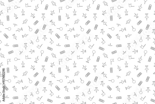 Black and white seamless pattern featuring paper clips and push pins, perfect for back-to-school coloring activities.