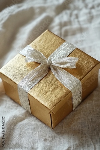 Elegant Golden Gift Box with Shimmering Silver Bow