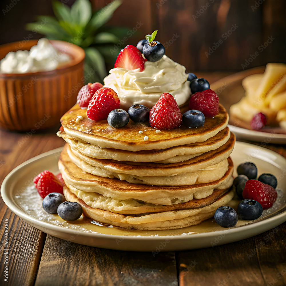 Pancakes With Maple Syrup whipped cream and fruit Pancakes With Maple Syrup whipped cream and fruit