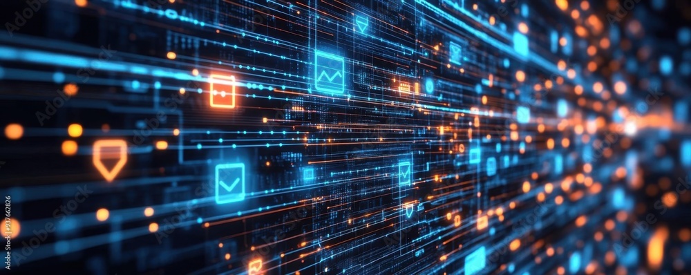 Dynamic digital network with glowing icons and vibrant lines representing data flow and technology communication. Dynamic digital network with glowing icons and vibrant lines representing data flow and technology communication.