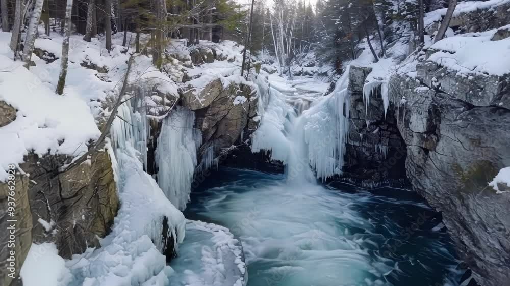 Stunning winter scene showcasing a turquoise waterfall cascading between snow covered rocks, creating a captivating display of nature's beauty
