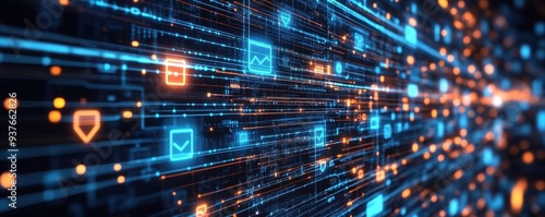 Dynamic digital network with glowing icons and vibrant lines representing data flow and technology communication.