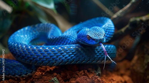 Blue viper snake flicking its forked tongue, capturing a scent in its environment.
