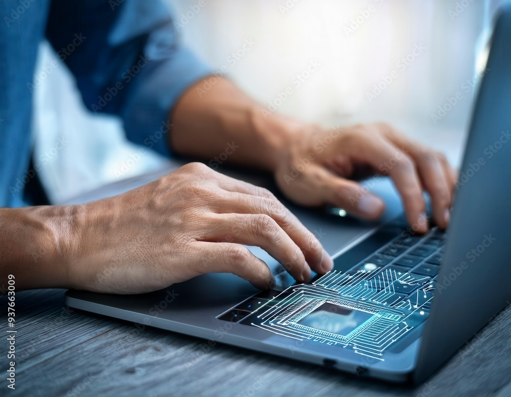 Software engineer working on laptop with circuit board. Concept of digital technology and software development. Coding programmer. Generated image Software engineer working on laptop with circuit board. Concept of digital technology and software development. Coding programmer. Generated image