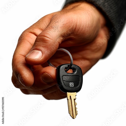 Hand holding a car key with a key ring photo