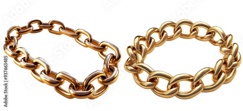 Set of gold chain bracelets in different styles isolated on transparent background