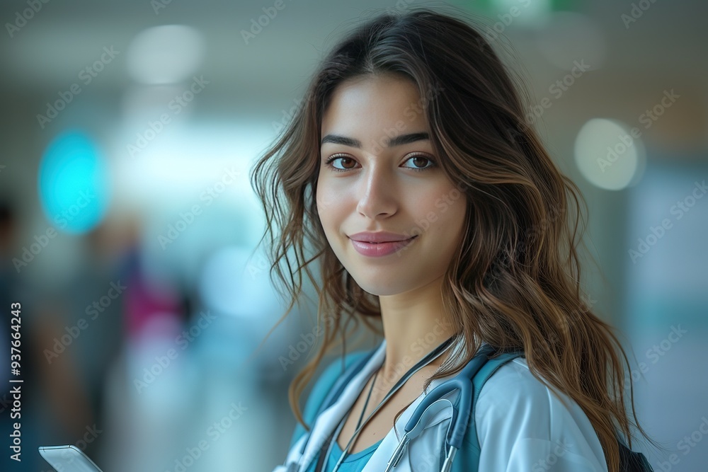 Fototapeta premium Hospital, doctor and Indian woman on tablet for medical analysis, research and report in meeting Healthcare, clinic and female nurse on digital tech for wellness app, online consulting and service