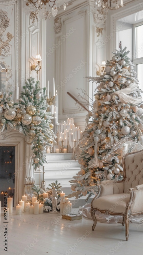 Fototapeta premium Amidst a cozy, elegantly decorated room, a stunning Christmas tree adorned with white garland radiates warmth. Surrounding it, flickering candles create a festive and inviting atmosphere
