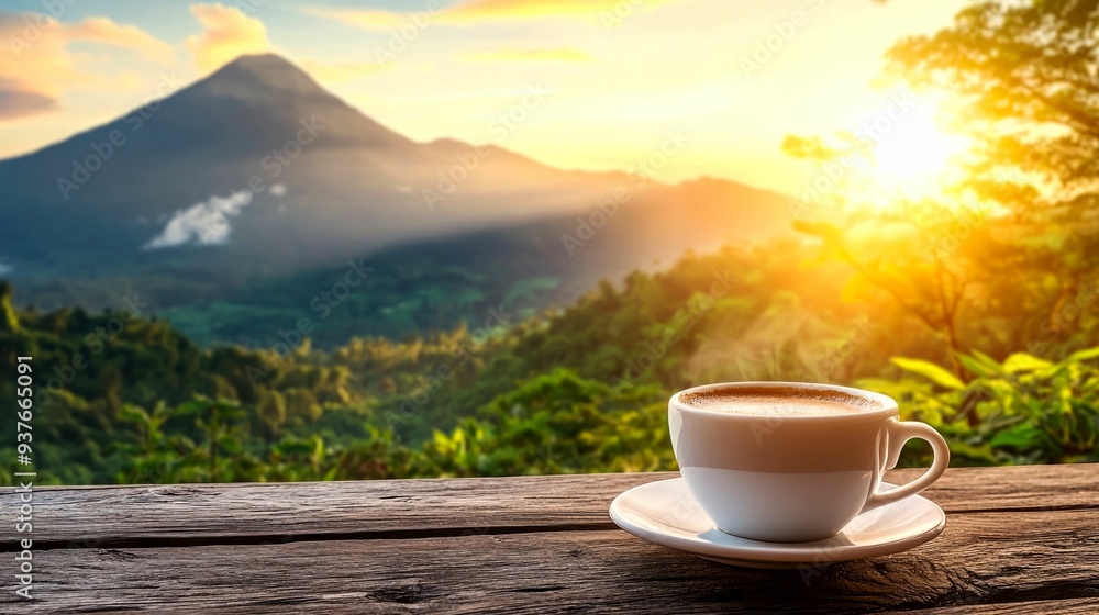 Coffee Cup on Wooden Table with Mountain View and Sunrise Coffee Cup on Wooden Table with Mountain View and Sunrise