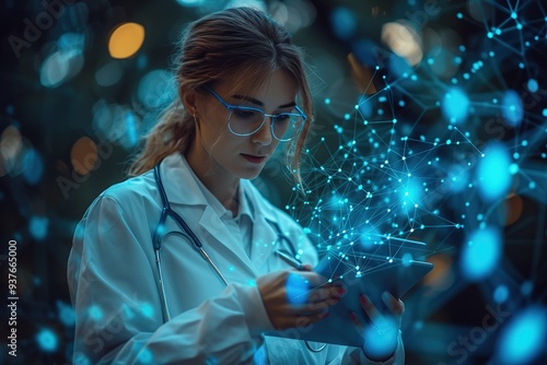 Medicine doctor write electronic medical record on tablet DNA Digital healthcare and network connection on hologram modern virtual screen interface, medical insurance, technology and network