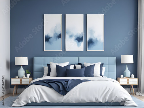 Sky blue or pale pastel tone bedroom with a blue navy bed. Empty painted wall for art. Mockup light background interior design rich home or hotel. Accent color trend. 3d rendering. Front view.