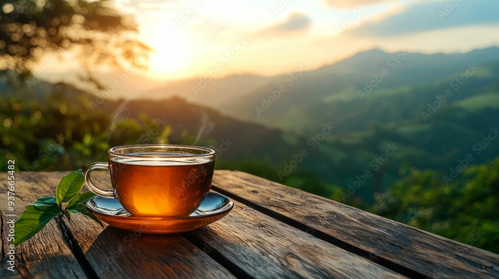 A Cup of Tea on a Wooden Table with a Mountain View at Sunset A Cup of Tea on a Wooden Table with a Mountain View at Sunset