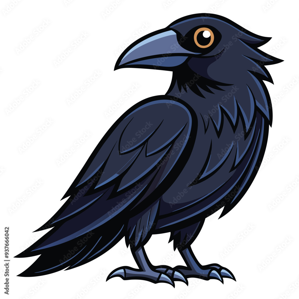 Obraz premium Beautiful Raven Crow Vector Illustration – Dark Bird Silhouette Art for Gothic, Nature, Halloween, and Fantasy Projects with Bold Black Feathers and Elegant Profile